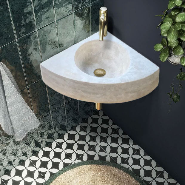 Troia Light Travertine Wall-mount Bathroom Corner Vanity Sink (W)16