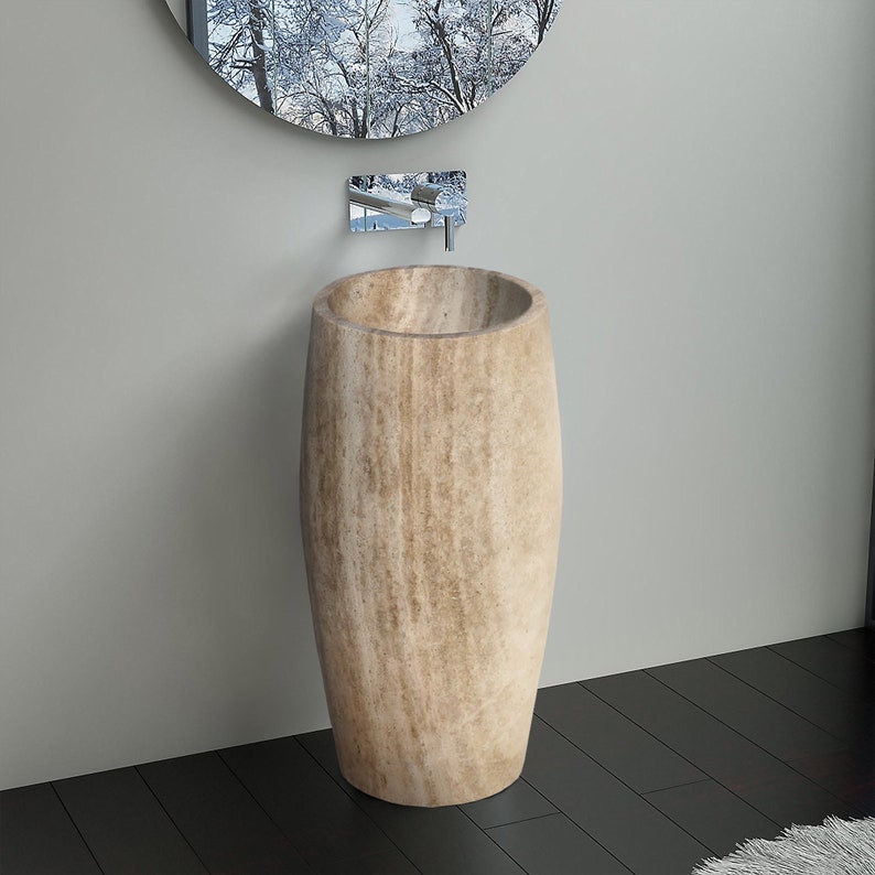Walnut Travertine Pedestal Stand-alone Sink Curved Honed (W)16