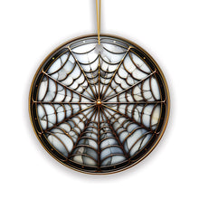 Carregar imagem no visualizador da galeria, Golden Arachnid Haunt Intricate Spider Web Stained Glass Style Ceramic Ornament, Halloween Themed Christmas Gift and Decor

