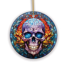 Carregar imagem no visualizador da galeria, Grim Guardian Haunting Skull Stained Glass Style Ceramic Ornament, Halloween Themed Christmas Gift and Decor
