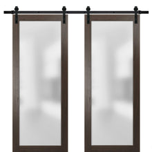 Load image into Gallery viewer, Planum 2102 Chocolate Ash Double Barn Door with Frosted Glass | Black Rail
