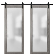 Load image into Gallery viewer, Planum 2102 Ginger Ash Double Barn Door with Frosted Glass | Black Rail
