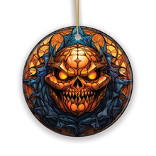 Carregar imagem no visualizador da galeria, Pumpkin Skull with Glowing Red Eyes Stained Glass Style Ceramic Ornament, Halloween Themed Christmas Gift and Decor
