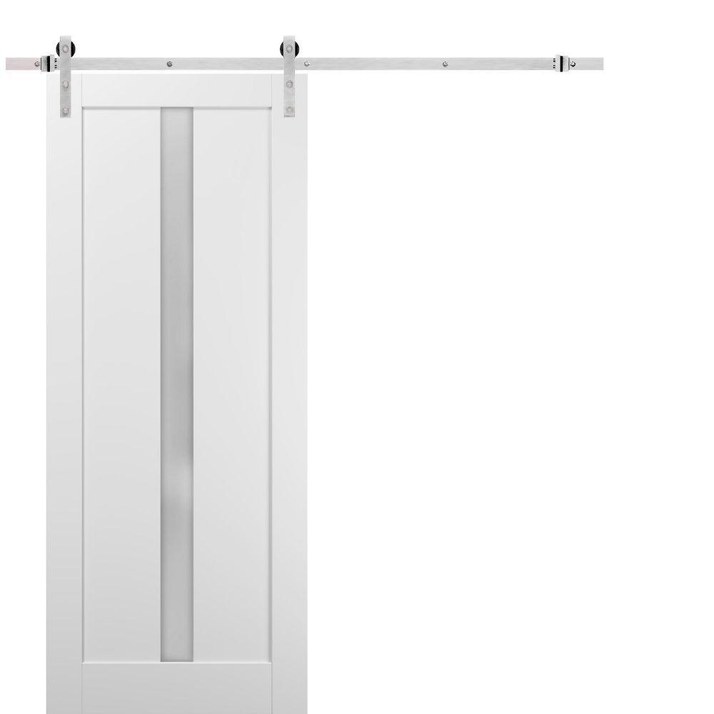 Quadro 4112 White Silk Barn Door with Frosted Glass and Silver Finish Rail