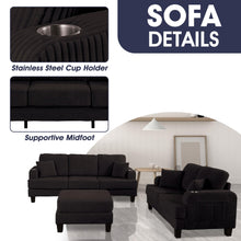 Load image into Gallery viewer, Black 3 Piece Set Comfy Sofa Couch 3-Seater &amp; Loveseat Sofa with Storage Ottoman for Living Room with USB, Side Pockets, Pillows included

