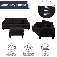 Load image into Gallery viewer, Black 3 Piece Set Comfy Sofa Couch 3-Seater &amp; Loveseat Sofa with Storage Ottoman for Living Room with USB, Side Pockets, Pillows included
