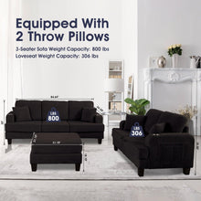 Load image into Gallery viewer, Black 3 Piece Set Comfy Sofa Couch 3-Seater &amp; Loveseat Sofa with Storage Ottoman for Living Room with USB, Side Pockets, Pillows included
