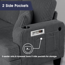 Load image into Gallery viewer, Dark Gray 3 Piece Set Comfy Sofa Couch 3-Seater &amp; Loveseat Sofa with Storage Ottoman for Living Room with USB, Side Pockets, Pillows included
