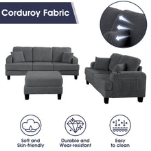Load image into Gallery viewer, Dark Gray 3 Piece Set Comfy Sofa Couch 3-Seater &amp; Loveseat Sofa with Storage Ottoman for Living Room with USB, Side Pockets, Pillows included
