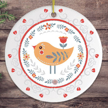 Carregar imagem no visualizador da galeria, Scandinavian Yellow Bird Christmas Ornament, Ethnic Floral Pattern, Folk Illustration
