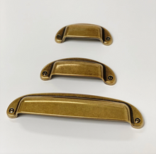 Load image into Gallery viewer, Drawer Cup Pull &quot;Capri&quot; in Antique Brass - Brass Cabinet Hardware
