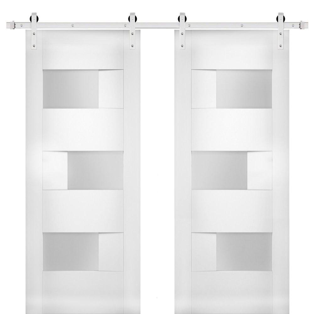 Sete 6933 White Silk Double Barn Door with Frosted Glass | Silver Finish Rail