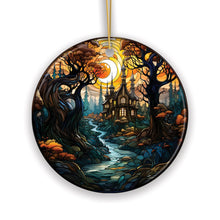 Carregar imagem no visualizador da galeria, Sinister Manor Haunted House Stained Glass Style Ceramic Ornament, Halloween Themed Christmas Gift and Decor
