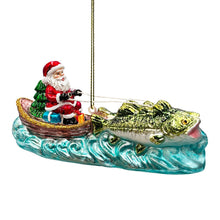 Load image into Gallery viewer, Santa&#39;s Fishing Adventure Glass Christmas Ornament, Holiday Angler Fish in Sleigh
