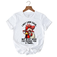 Carregar imagem no visualizador da galeria, Pecking Chicken T-Shirt, Red Glasses and Bow White Tee for Sassy Women
