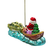 Load image into Gallery viewer, Santa&#39;s Fishing Adventure Glass Christmas Ornament, Holiday Angler Fish in Sleigh
