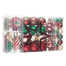 Load image into Gallery viewer, Alluring Large Christmas Ornament Set, Unique Red Green and Gold Baubles, 92 Charms and Snow Covered Trees with Dark Red Tree Topper
