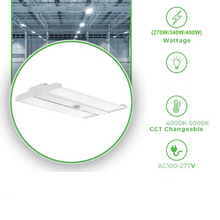 Load image into Gallery viewer, 4ft LED Linear High Bay Lights - Selectable Wattage (270W/340W/400W), Adjustable CCT (4000K-5000K), 56,000 Lumens, UL and DLC Listed - Ideal for Warehouse Lighting
