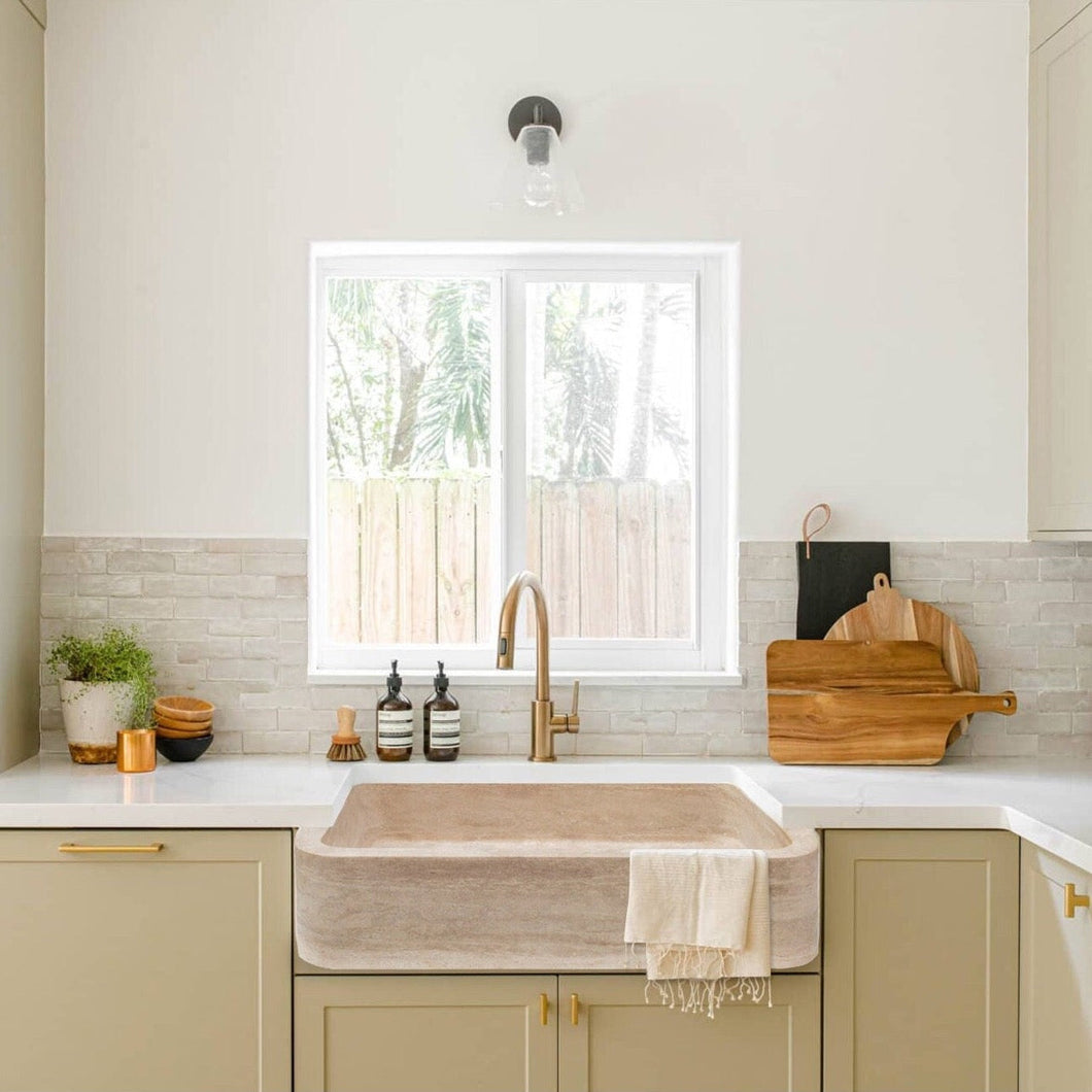 Troia Light Travertine Rectangular Farmhouse Kitchen Sink (W)18