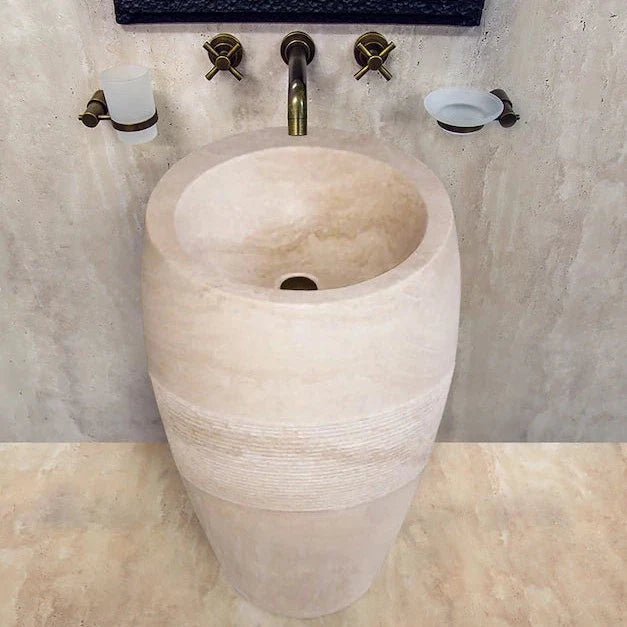 Troia Light 3 piece Travertine Pedestal Stand-alone Sink Curved Honed (D)16