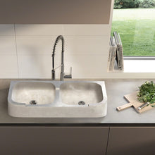 Load image into Gallery viewer, Troia Light Travertine Curved Apron Double Bowl Farmhouse Kitchen Sink
