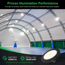 Cargar imagen en el visor de la galería, 150W UFO LED Industrial High Bay Light for Warehouse with 21,000 Lumens, 5000K Daylight White, Dimmable (0-10V), Black Finish - UL &amp; DLC Listed
