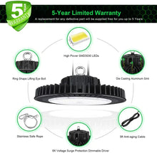 Cargar imagen en el visor de la galería, 200W LED UFO High Bay Light: 5000K, 28000 Lumens, Dimmable, IP65, Wide 120° Beam Angle for Industrial Illumination
