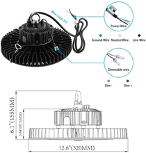 Cargar imagen en el visor de la galería, 150W UFO LED Industrial High Bay Light for Warehouse with 21,000 Lumens, 5000K Daylight White, Dimmable (0-10V), Black Finish - UL &amp; DLC Listed
