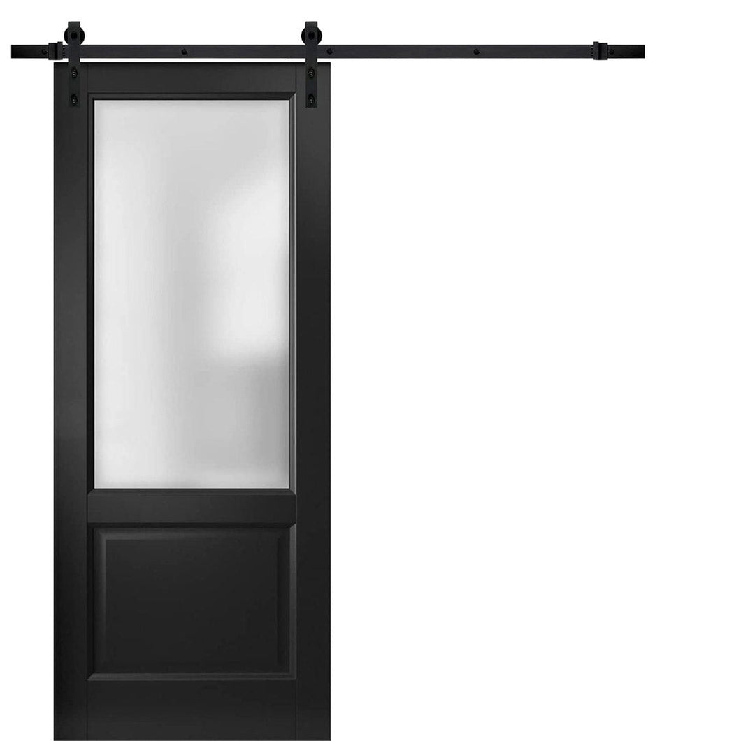 Lucia 22 Matte Black Barn Door with Frosted Glass and Black Rail