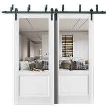 Load image into Gallery viewer, Lucia 1533 Matte White Double Barn Door with Clear Glass | Black Bypass Rail
