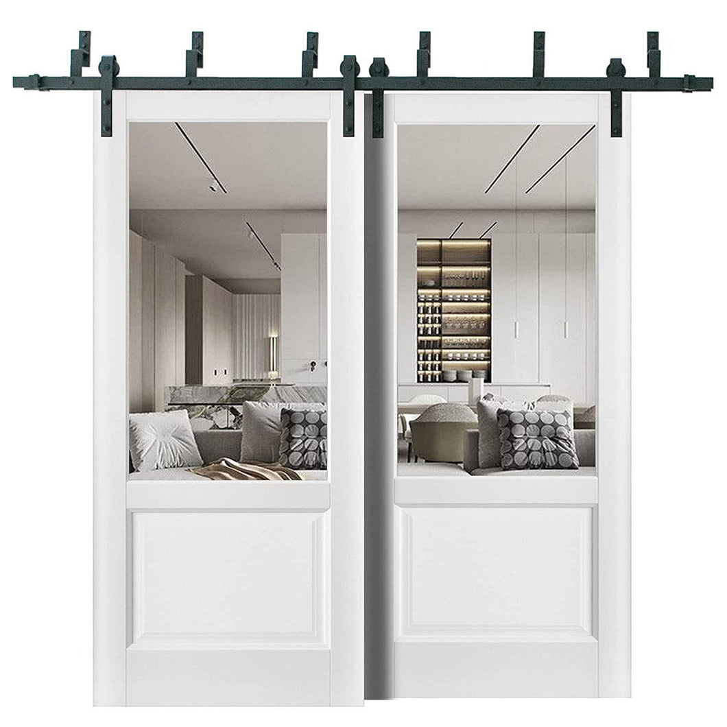 Lucia 1533 Matte White Double Barn Door with Clear Glass | Black Bypass Rail