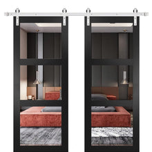 Load image into Gallery viewer, Lucia 2555 Matte Black Double Barn Door with Clear Glass 3 Lites | Silver Finish Rail
