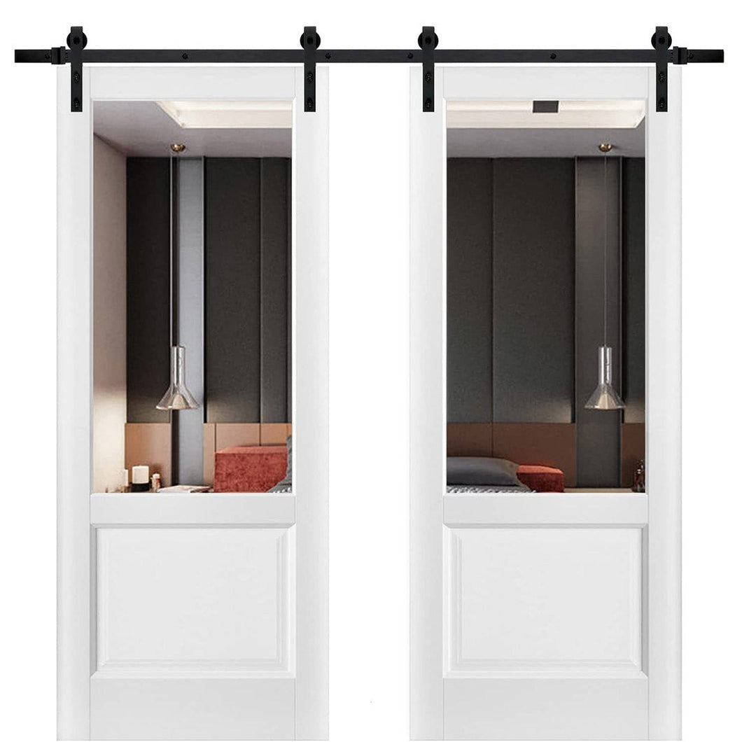 Lucia 1533 Matte White Double Barn Door with Clear Glass | Black Rail