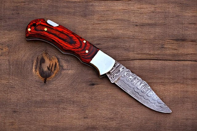 Exotic Wood Damascus Pocket Knife with Back Lock