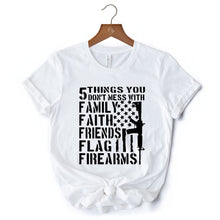 Load image into Gallery viewer, 5 Things You Don’t Mess With Dad T-Shirt, Black and White Patriotic Father Tee with Bold Statement
