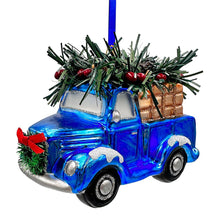 Carregar imagem no visualizador da galeria, A Marvelous Blue Christmas Set of Four Glass Ornaments with Santa, Truck, Snow Cabin and Sleigh
