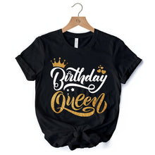 Carregar imagem no visualizador da galeria, Birthday Queen T-Shirt, Black Glam Party Tee for Stylish Women
