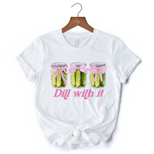 Carregar imagem no visualizador da galeria, Coquette Dill With It Funny T-Shirt, Pink Bow Pickle Lover White Tee for Cute and Quirky Style Fans
