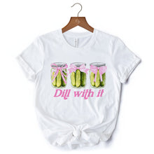 Carregar imagem no visualizador da galeria, Coquette Dill With It Funny T-Shirt, Pink Bow Pickle Lover White Tee for Cute and Quirky Style Fans
