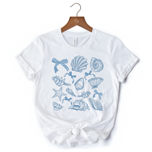 Load image into Gallery viewer, Coquette Seashell Summer Vibe T-Shirt, Natural and White Retro Beach Tee Gift for Ocean Lover
