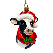 Load image into Gallery viewer, Festive Cow in Wreath Blown Glass Christmas Ornament, Farmhouse Theme Tree Decoration
