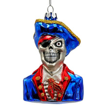 Cargar imagen en el visor de la galería, Fierce Pirate Skeleton Glass Ornament, Gothic Skull Ship Captain Spooky Decor

