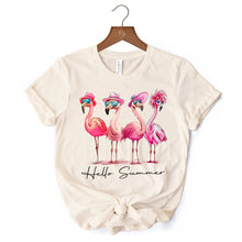 Carregar imagem no visualizador da galeria, Flamingo Hello Summer T-Shirt, White and Natural Retro Tee with Tropical Birds
