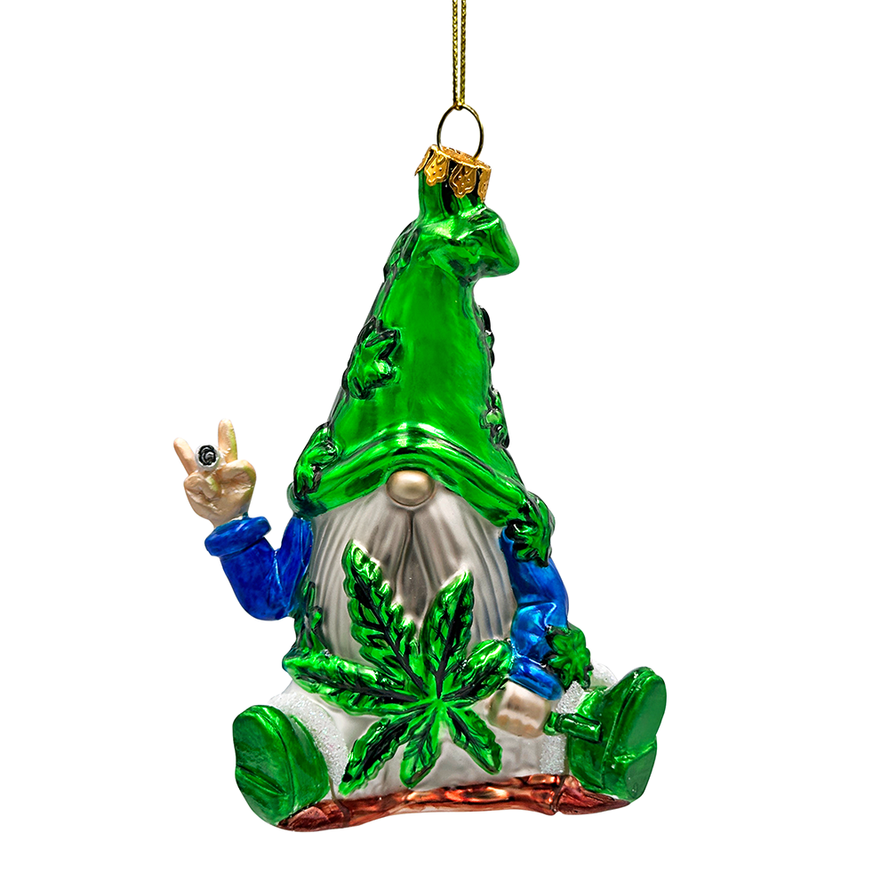 (Pre-Order) Fun Weed Themed Gnome Glass Ornament, Pothead Smoker Unique Holiday Gift