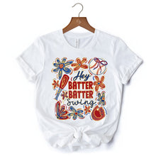 Carregar imagem no visualizador da galeria, Hey Batter Batter Swing T-Shirt, Retro White and Natural Baseball Tee with Floral Accents
