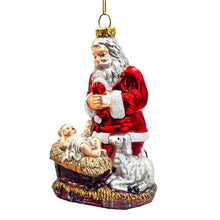 Carregar imagem no visualizador da galeria, Innocent Santa and Baby Jesus Handblown Glass Christmas Ornament, Nativity Christian Holiday Decor
