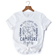 Carregar imagem no visualizador da galeria, No City Lights Just Campfire Nights T-Shirt, White and Natural Camping Tee for Stargazing Campers
