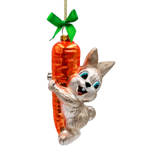 Load image into Gallery viewer, (Pre-Order) Playful Bunny Hanging on Carrot Glass Ornament, Christmas Gift for Kids
