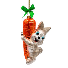 Carregar imagem no visualizador da galeria, (Pre-Order) Playful Bunny Hanging on Carrot Glass Ornament, Christmas Gift for Kids
