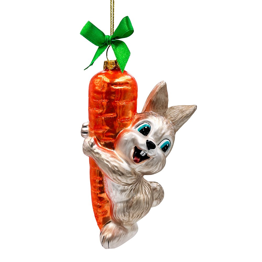 (Pre-Order) Playful Bunny Hanging on Carrot Glass Ornament, Christmas Gift for Kids